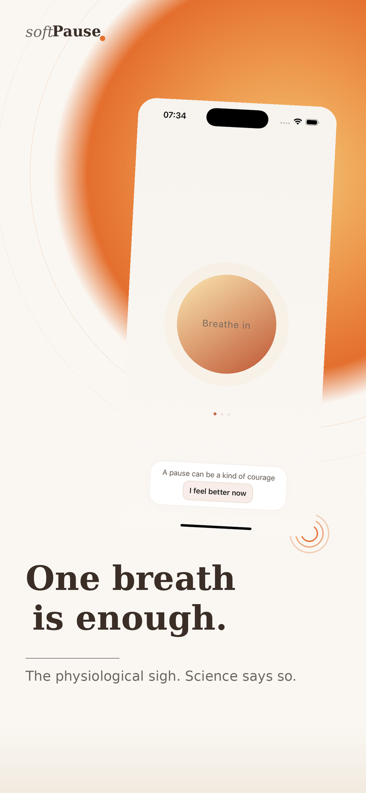 softPause guided breathing orb mid-cycle — One breath is enough.