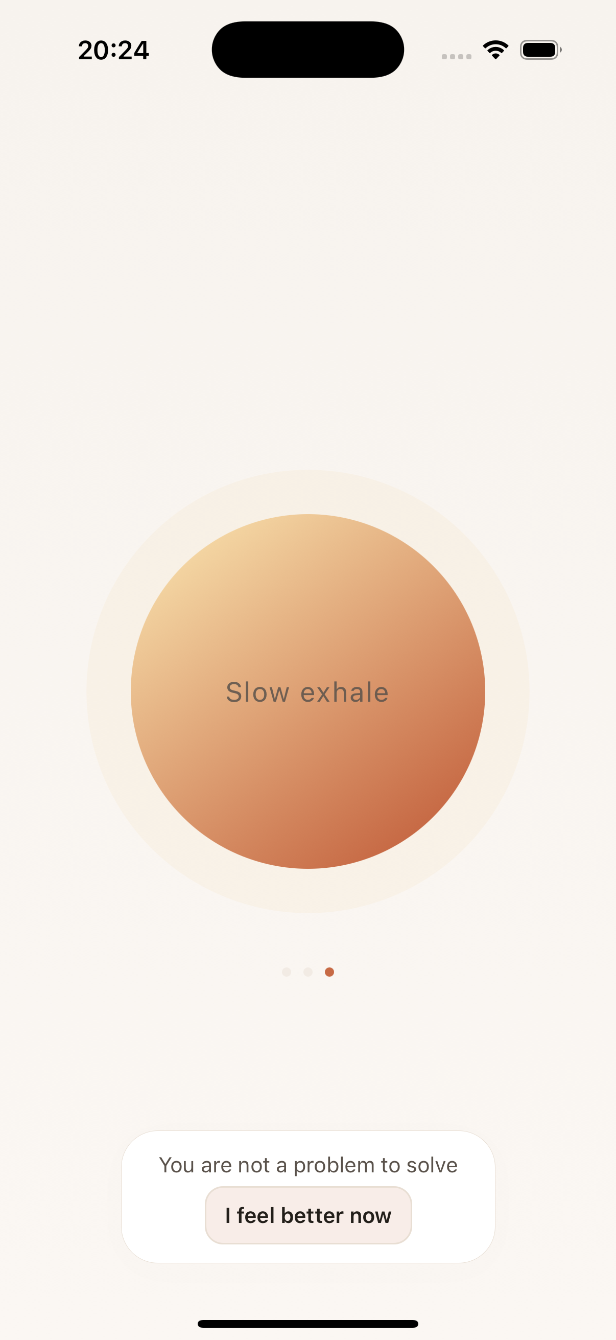 SoftPause guided breathing screen with the warm central orb