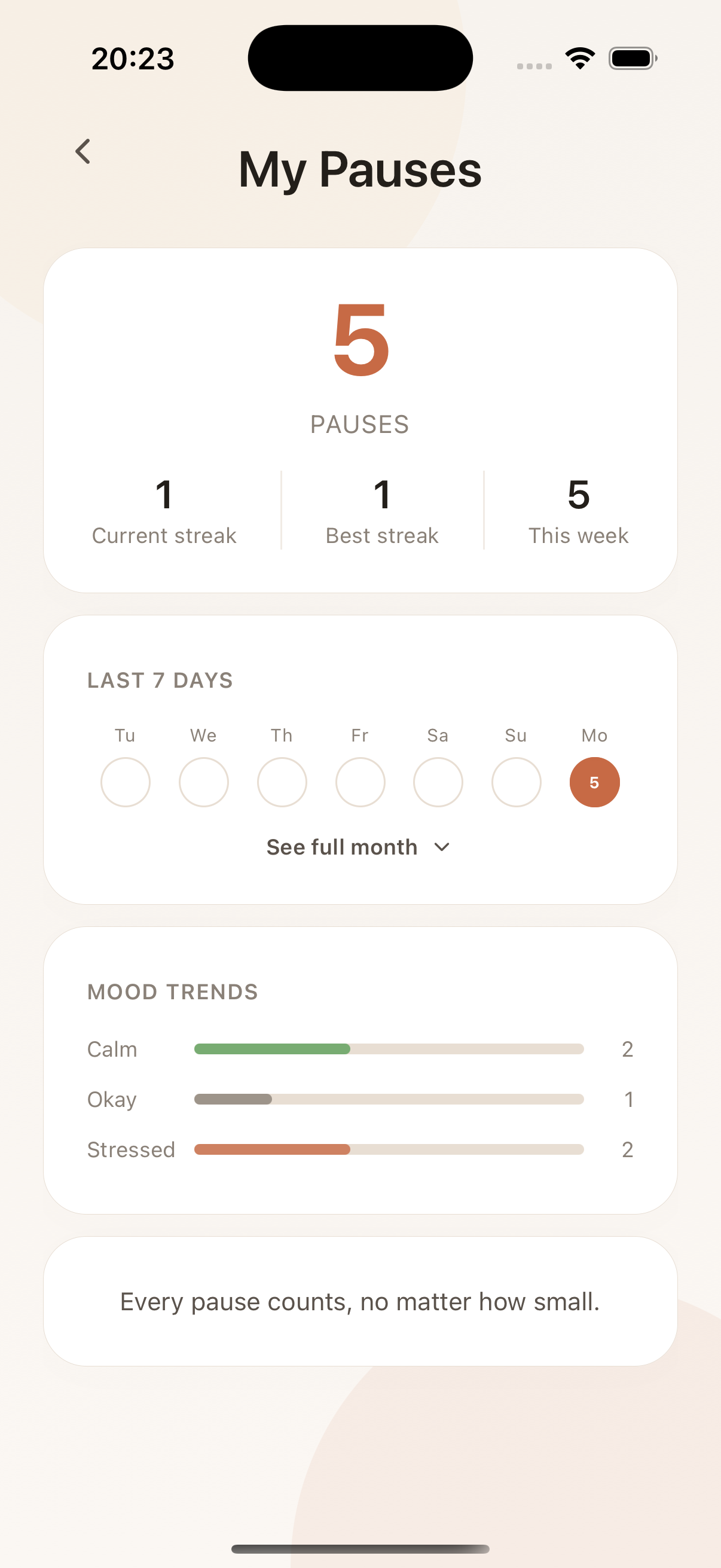 SoftPause history screen showing pause count and seven-day trend