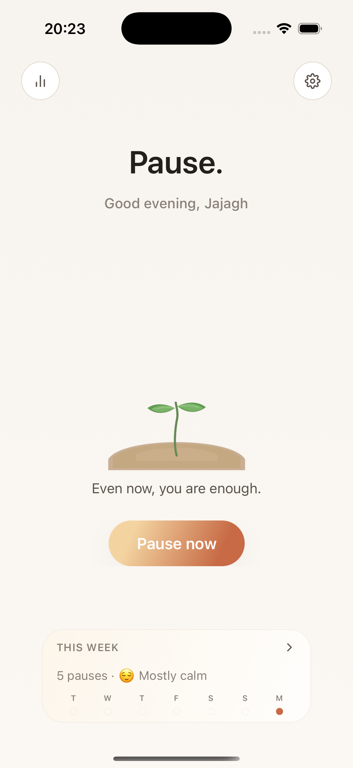 SoftPause home screen with the Pause action, growing plant, and weekly summary