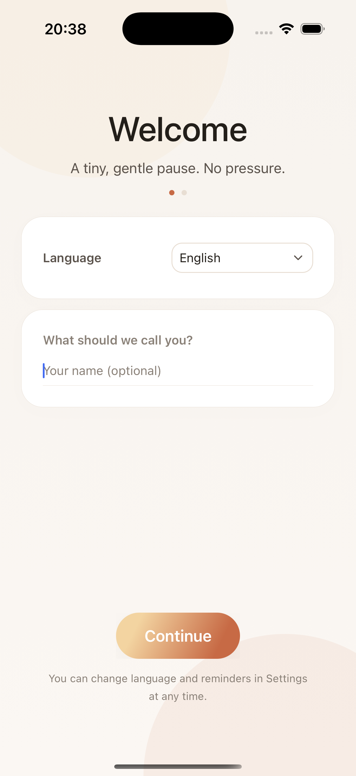 SoftPause onboarding screen with language and name setup